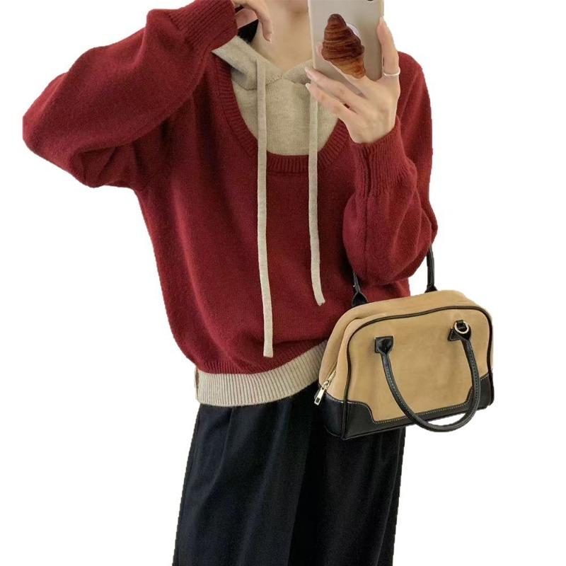 Fake two-piece color matching hooded sweater women's autumn and winter new loose and simple casual style pullover knitted sweater