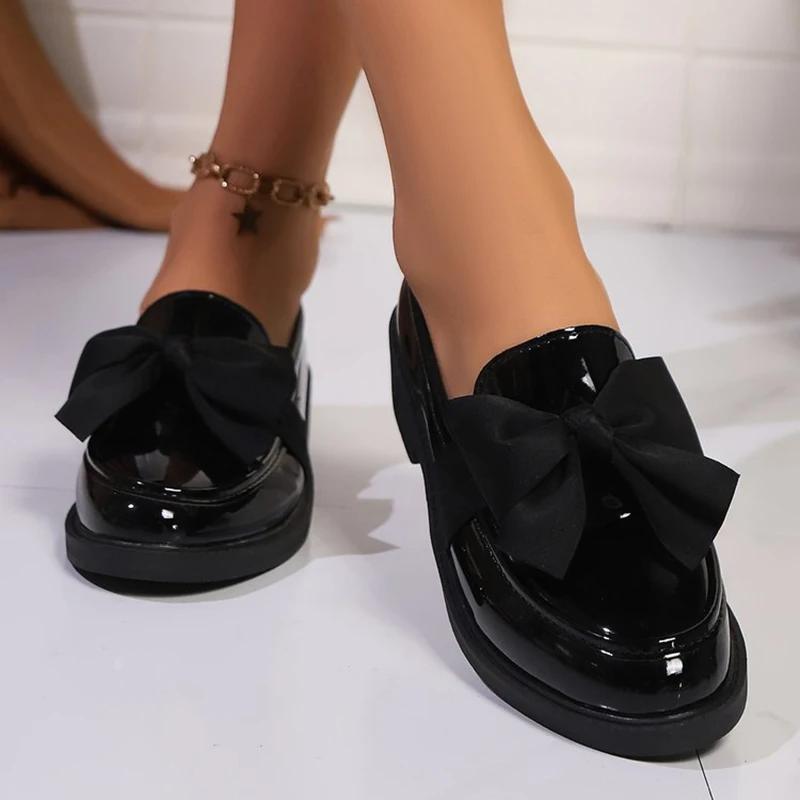 Fashion Fashion Bowknot Slip On Loafers for Women 2025 Summer Solid Color Patent Leather Shoes Woman Comfort Soft Sole Platform Loafers