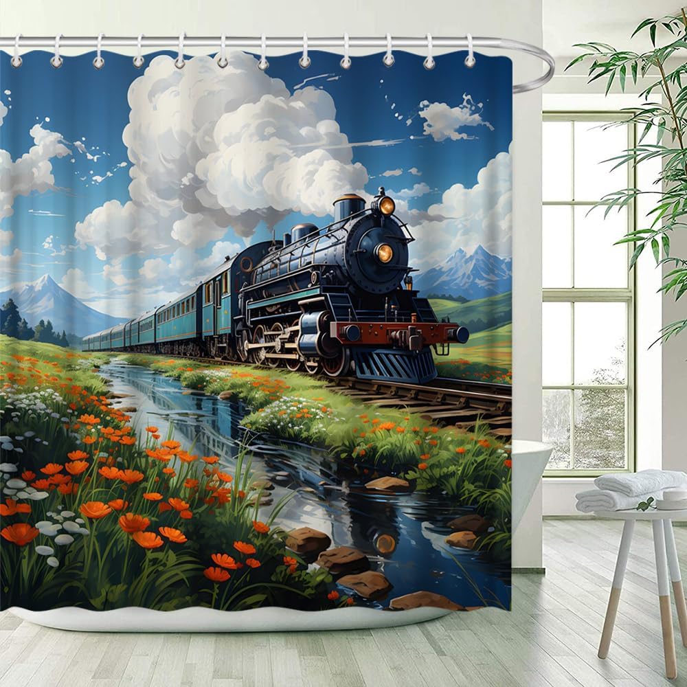 Train Shower Curtain Vintage Old Steam Engine In The Field Railroad Tracks Wildflowers Floral Farmhouse Landscape Bathroom Decor
