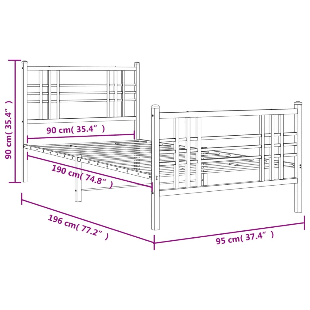 Metal Bed Frame with Headboard and Footboard White 90x190 cm