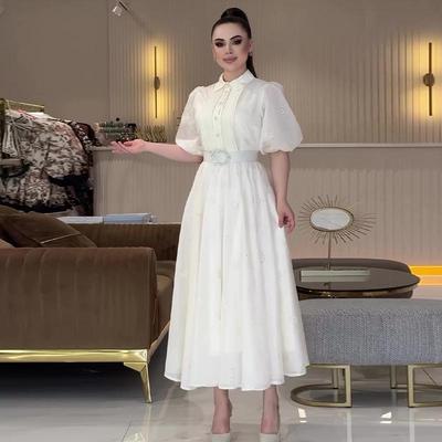 2024 Summer Women's Solid Puff Sleeve Waist-Tied Elegant Long Dress