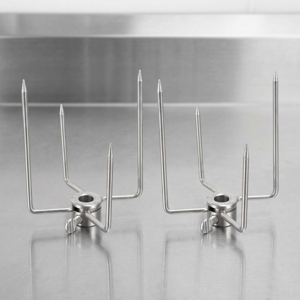 2PCS Stainless Steel Rotisserie Meat Forks Silver 4 Prong Grill Spit Clamps Locking Screw BBQ Skewer Holders Meat Grilling