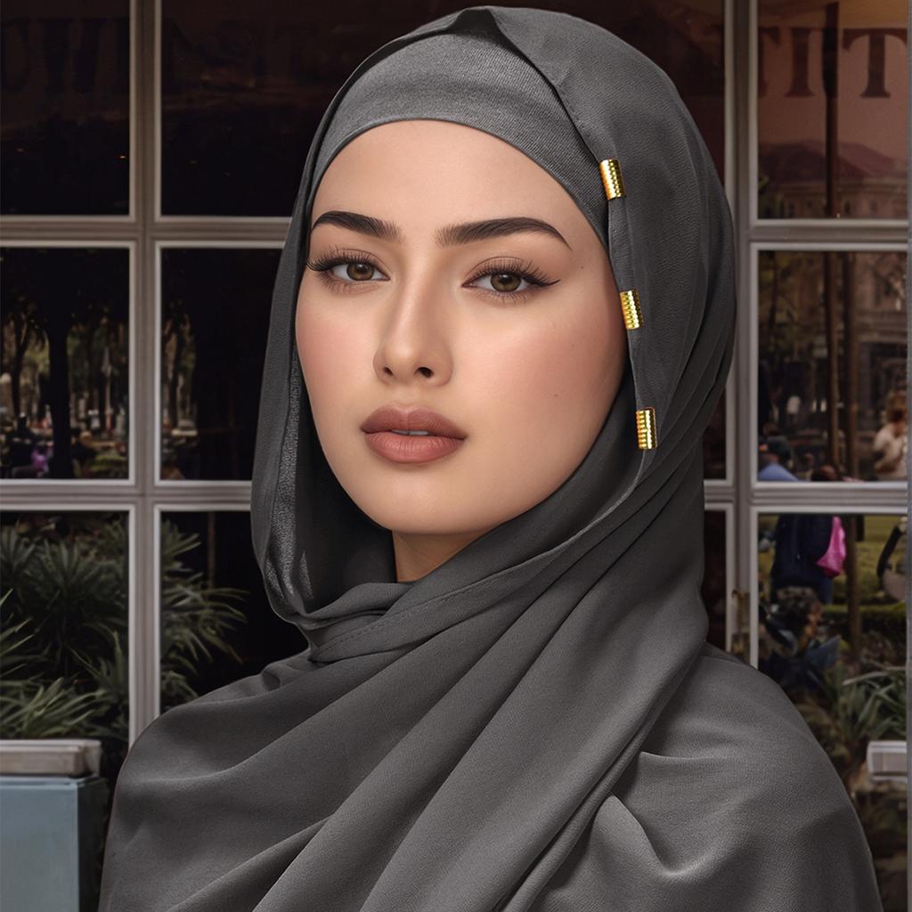 Solid Chiffon Hijab With Scarf Buckle Set Muslim Woman Hijabs Shawls Soft Islimic Turban Headband And Metal Hollow Buckle Set