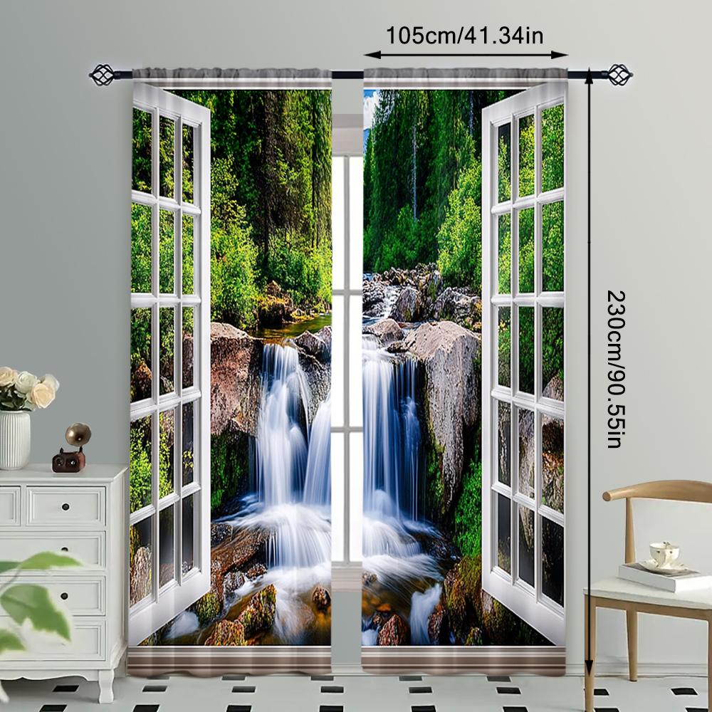 Forest Waterfall Curtain Green Rainforest Tropical Tree Plant Jungle Nature Scenery Landscape Window Drapes Curtains Set Of 2 Made Polyester