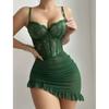 Plus Size Sexy Corset Bodycon Mini Dress Chemise Ruffle Lace Mesh Perspective Underwire Babydoll Lingerie Set 2 Piece with ThongGood product