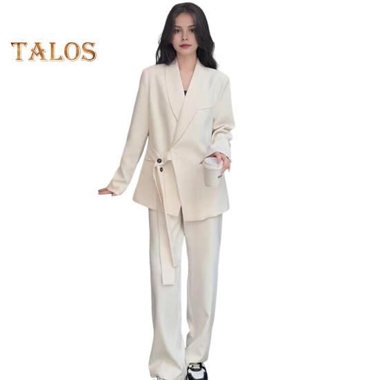 2 buc./set damă haină formală pantaloni set mâneci lungi închidere cu bretele cu nasturi Cardigan cu decolteu în V Jachetă de lungime mijlocie pantaloni drepti cu talie înaltă de afaceri formali