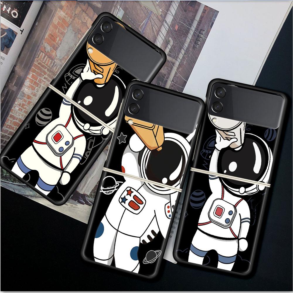 Case For Samsung Galaxy Z Flip 3 4 5G Black Hard PC Phone Housing Z flip4 Luxury Segmented Cover Cute Astronaut