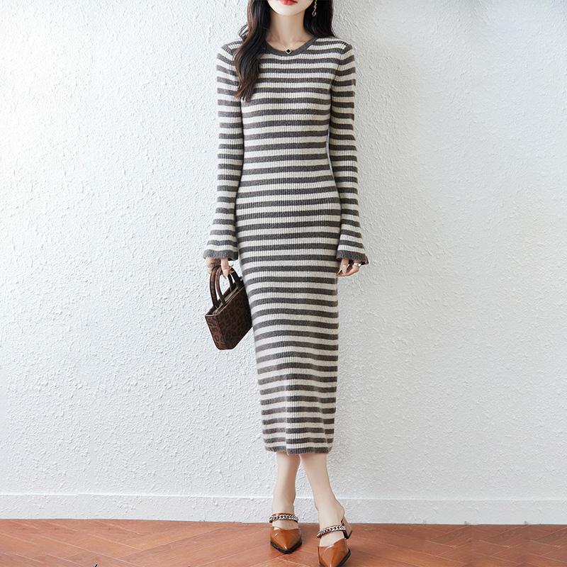 Women Sweater Dress 100% Wool MODERN NEW SAGA O-neck Striped Knit Long Pullover Winter Jumpers Wool Long Dress Female