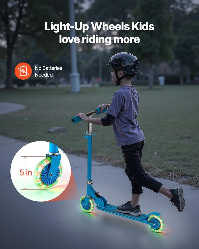 Kick Scooter for Kids Ages 3+, 2-Wheel Toddler Scooter with Light-Up Wheels, Adjustable Height Handlebar, Wide Anti-Slip Deck, Foldable Lightweight