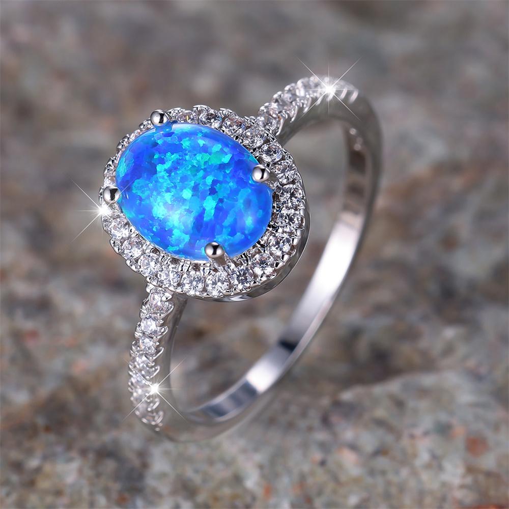 Classic Four Claw Oval Stone Ring Blue Fire Opal Engagement Band Trendy  Color Wedding Rings For Women Bridal Jewelry Gift