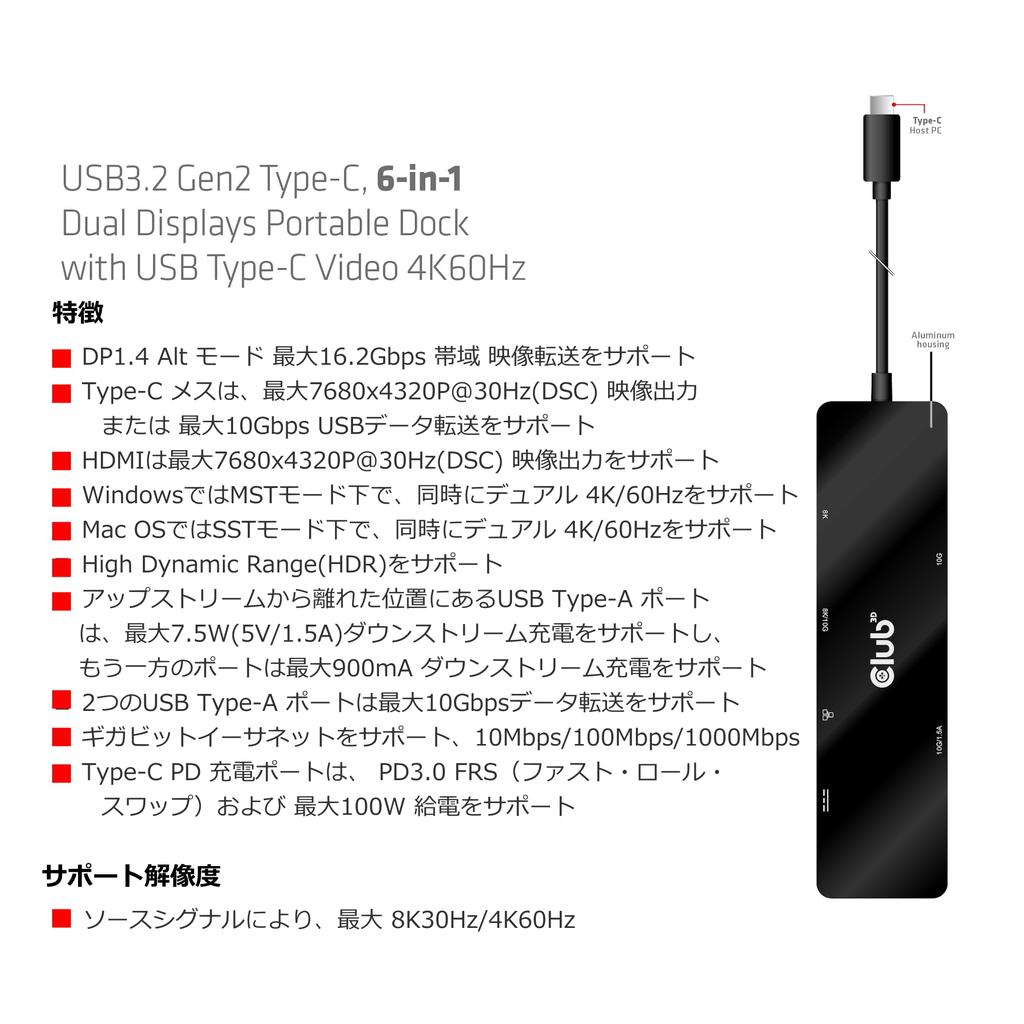 Club 3D USB Gen2 Type C Hub with C Dual 8K30Hz 4K120Hz 2x USB USB C and USB C 100W 6-in-1 HDMI/USB Display, (DSC) / (DSC), A, RJ45, 10Gbps, PD3.0