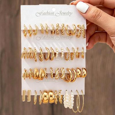 Elegant Retro Twisted Pearl & Metal Hoop Earrings Set for Women