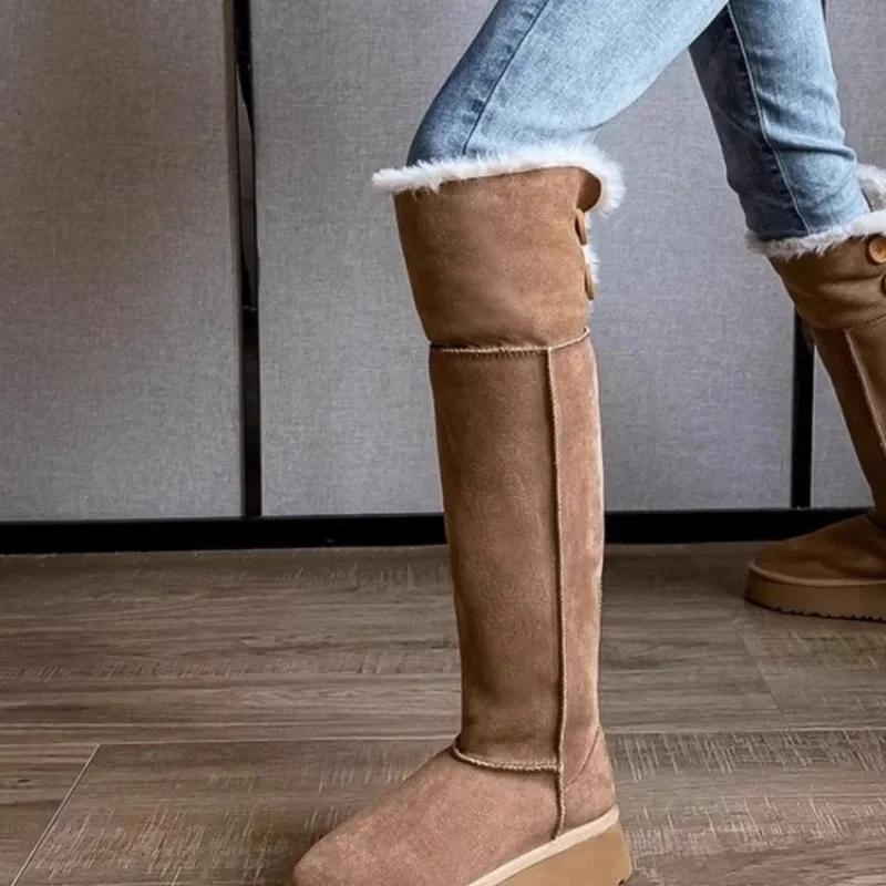 Turned-over Edge Knee-high Snow Boots Flat with Slip-on Ladies Shoes 2025 High Quality Round Toe Mid Heel Concise Women's Boots
