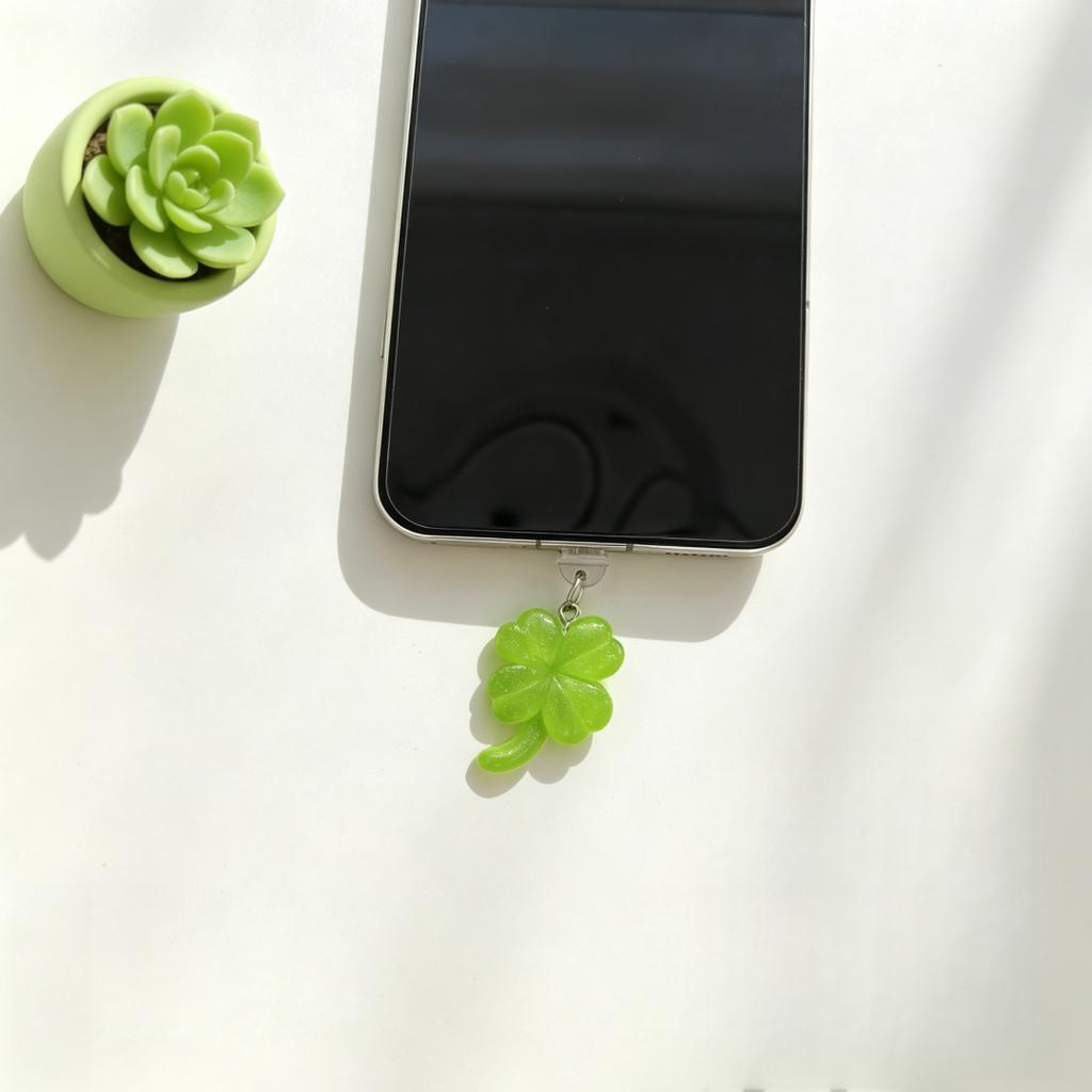 Lucky Four-Leaf Clover Phone Dust Plug Fresh Green Charging Port Dust-Proof Protective Plug Universal for Iphone/Android Phones Decorative Charm Good