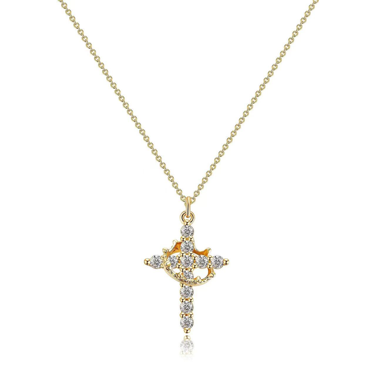 Gold-Plated Copper Rotatable Crown Cross Earrings & Zircon Pendant Necklace Set