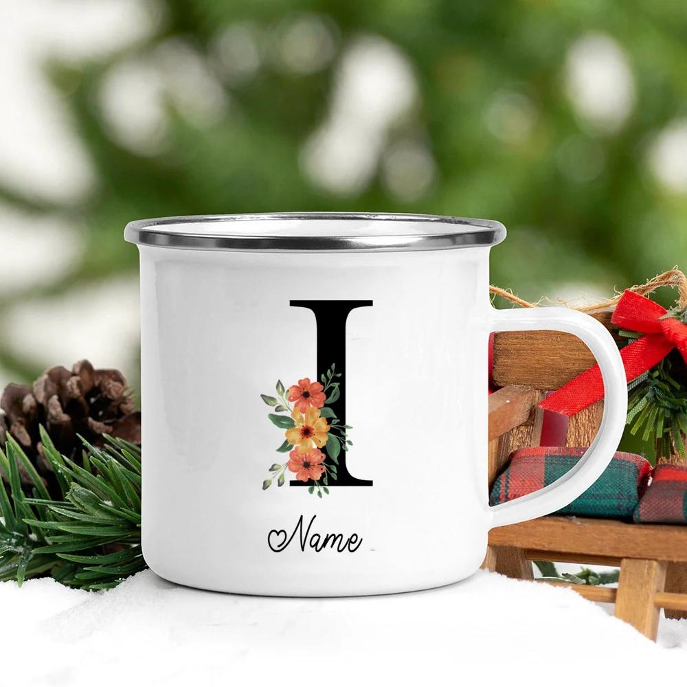 Personalisierte Namens Emailletasse Benutzerdefinierte Blume Buchstabe Alphabet Tasse Camping Henkel Kaffee Tee Milch Tassen Festliche Geburtstagsgeschenke