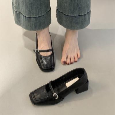 Ρετρό τετράγωνο τακούνι ψηλοτάκουνα, ρηχό στόμιο μονό παπούτσι, γυναικεία ανοιξιάτικα και φθινοπωρινά νέα γαλλική ιδιοσυγκρασία, βραδινό αεράκι χοντρό τακούνι Mary Jane