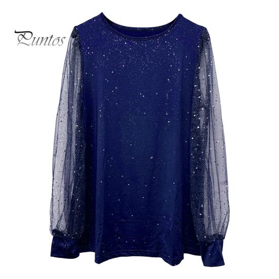 

Жіноча футболка з круглим вирізом, прозорі блискучі топи з довгими рукавами, одноколірні вільні повсякденні топи, щодня 4XL синій