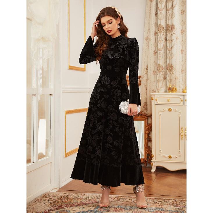 

Модная осенне-зимняя новая европейская и американская женская одежда Элегантное бархатное платье с цветочным кружевом и длинными рукавами в наличии S чёрный