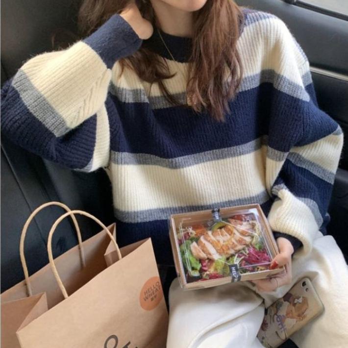 Contrast Striped Sweater Women's Spring and Autumn Korean Version Retro Loose Languid Style Thick Knit Top
