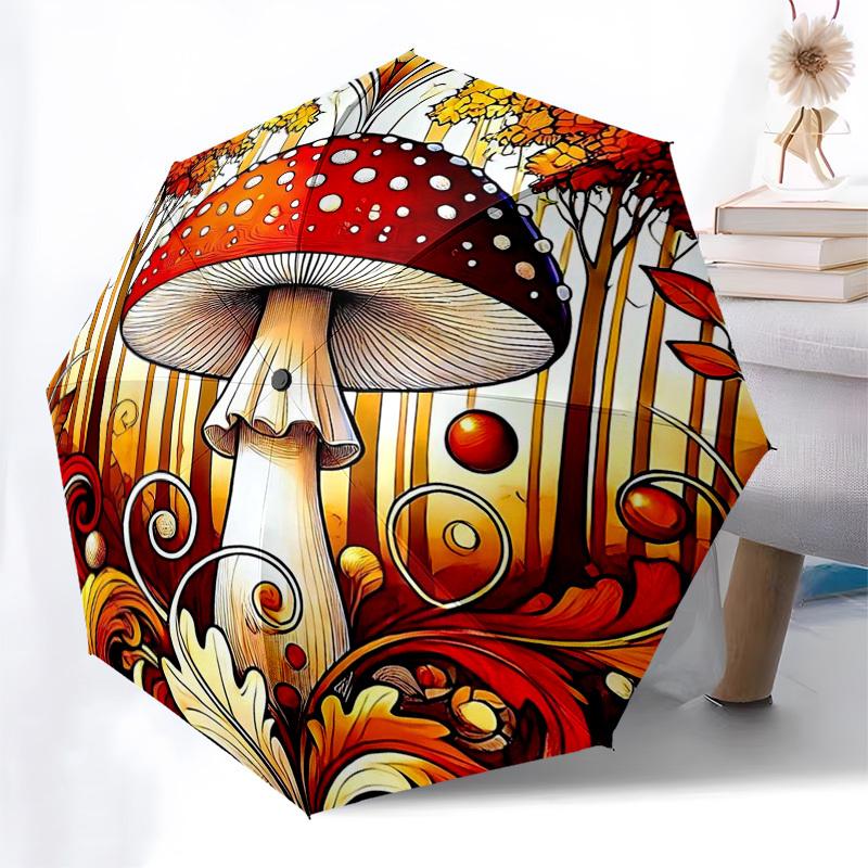 

1pc Autumnal Mushroom Artwork Folding Umbrella - Portable 3-Fold Design with Iron Frame, Perfect for Outdoor Use, Festive Gifts, Fans, Travelers, Dail