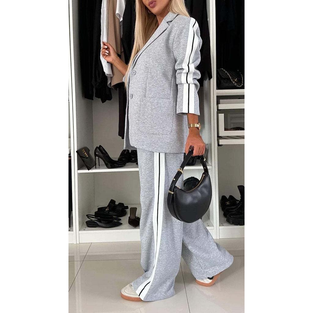 2026 Womens Two Piece Outfits Striped Side Button Blazer and Pants with Pockets Sets Business Casual Pant Suits Set