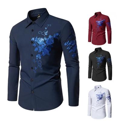 Men's Hot Stamping Printed Shirt Blue and White Floral Pattern Personality Style Slim-fit Lapel Long-sleeved Shirt Men Trend