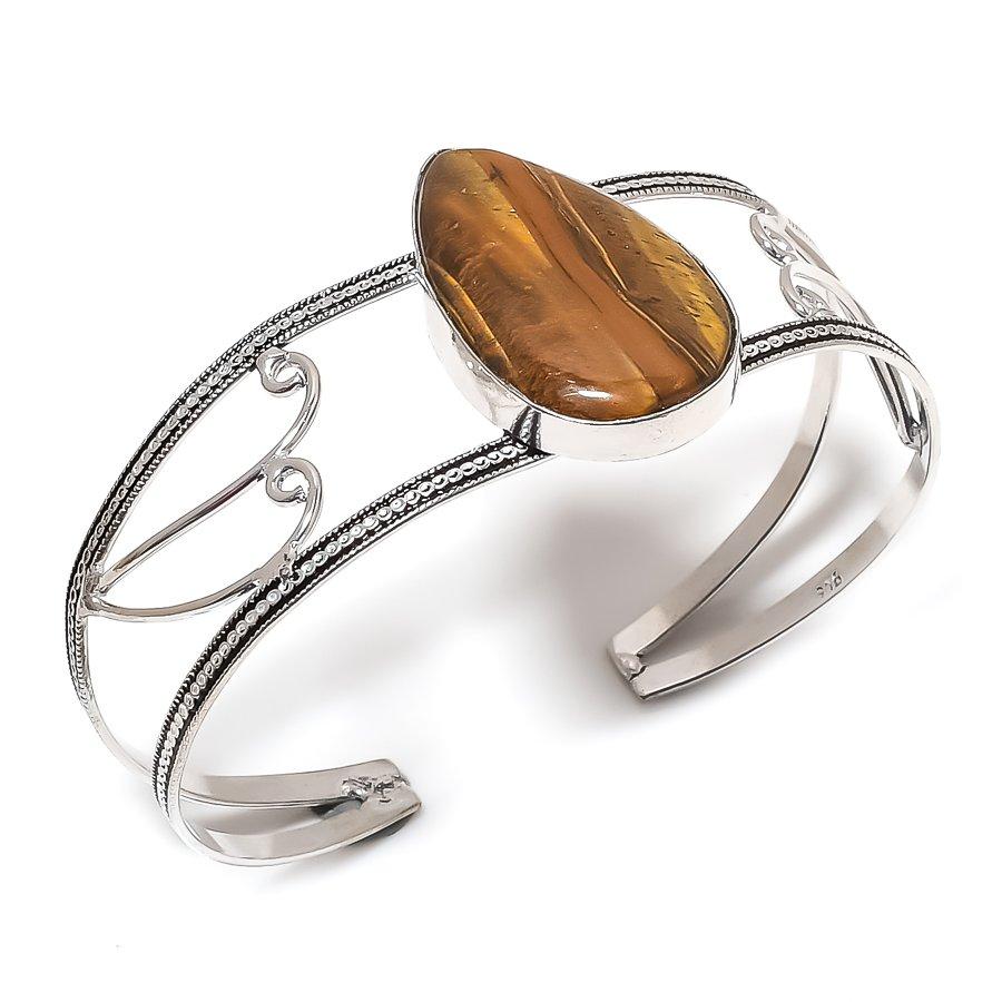 

Natural Tiger Eye Gemstone 925 Sterling Silver Cuff Bangle Adjustable y4q23