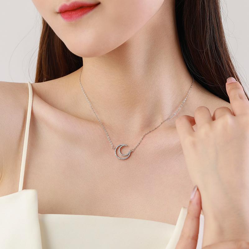 Tancise S925 Sterling Silver Light Luxury Hollowed Out Moon Pendant Necklace Women's Fashion Versatile Necklace