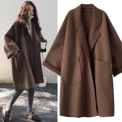 Autumn and Winter Woolen Coat for Women Winter for Women Vintage Windbreakers Jacket Mid-Length Loose Turn-Down Collar Plus Size Cardigan
