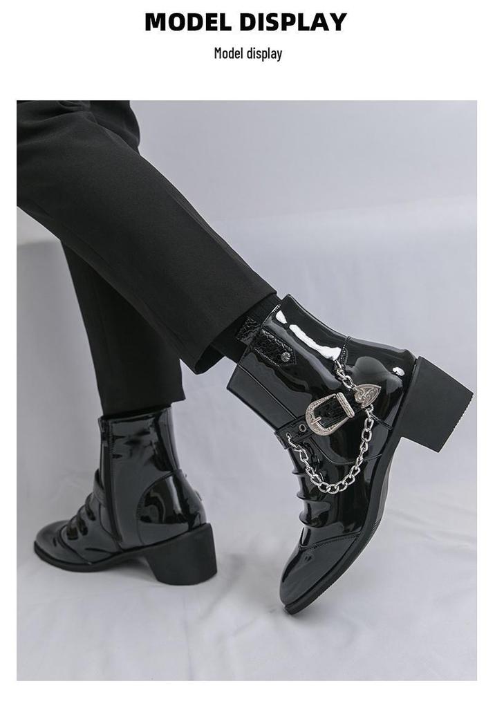 Chelsea Martin Men's High-Top Patent Leather Boots with Pointed Toe, British Style, Zipper, and Height Increasing Feature for Autumn/Winter.