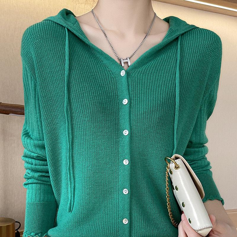 Hooded Cardigan for Women's Spring and Autumn New Loose and Versatile Long-sleeved Wool Hoodie Jacket Top