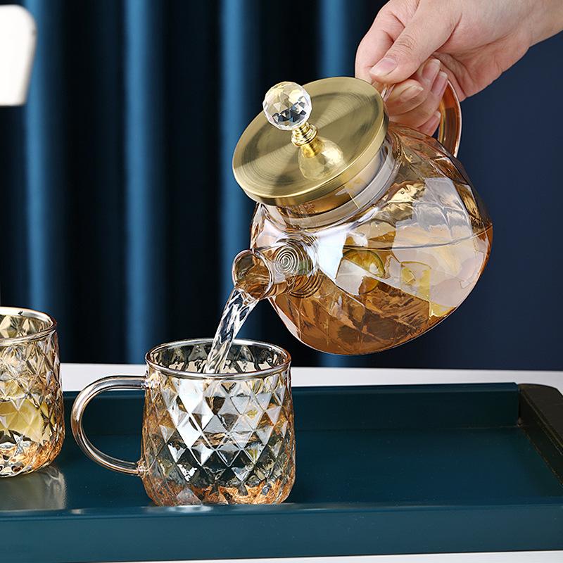 Amber color Diamond Glass Household Kettle Heat-resistant thickened glass household juice flower teapot 1750 ml