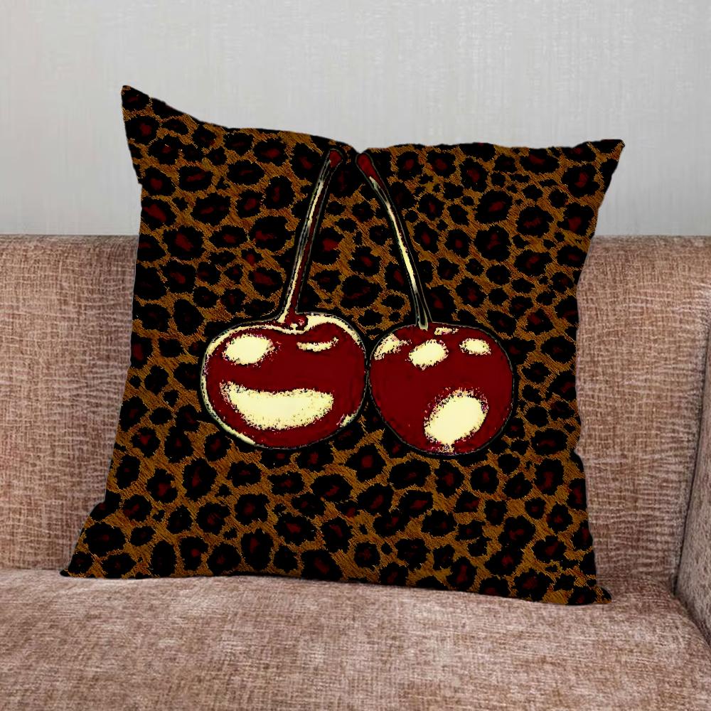 Leopard Print Cherry Star Pillow Case For Home Bedroom Car Office Decoration Living Room Sofa Cushion Cover Suitable