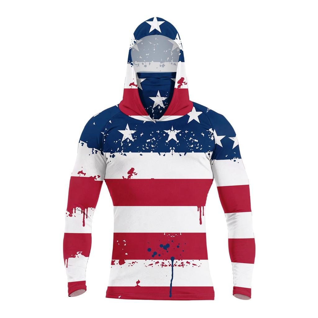 Men's Summer Casual Long Sleeve Hoodie Quick Dry Flag Print Sun Protection Shirt Fishing Fitness Sports Outdoor Wear