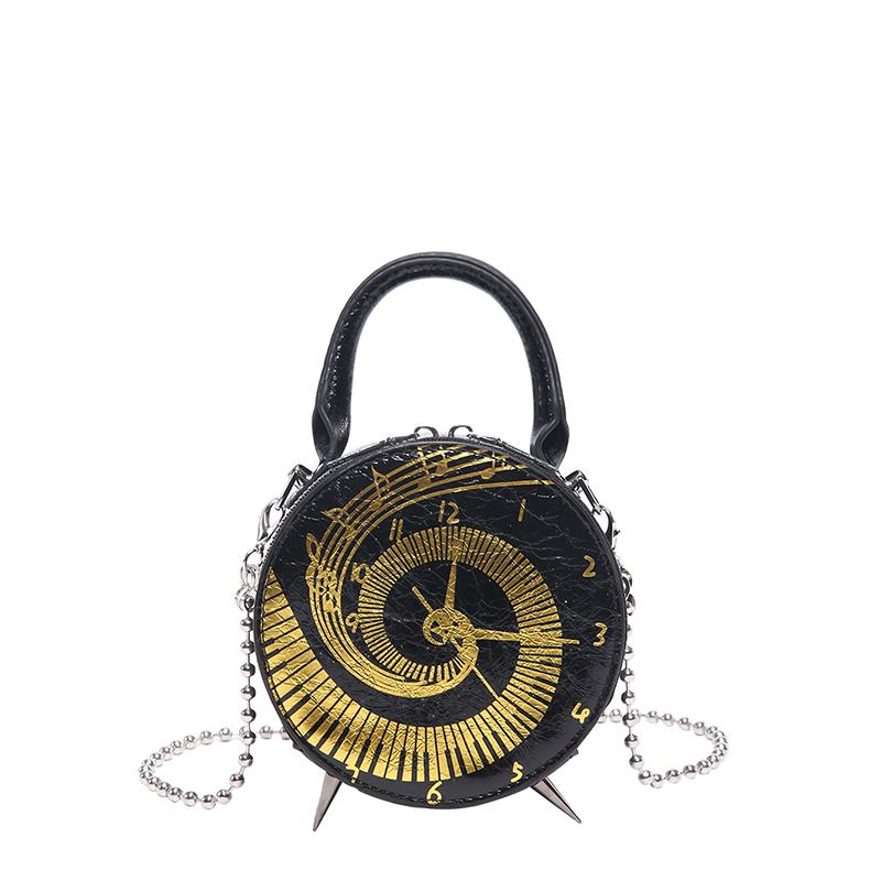 

2026 New Arrival Women s Mini Round Shoulder Bag Clock Piano Music Note Design Metallic Color Handbag Chain Trendy Crossbody Bag чёрный