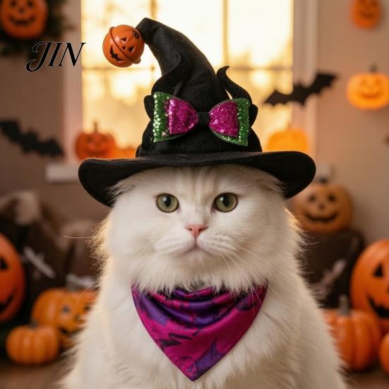 Elastic Strap Pet Hat Halloween Cat Wizard Hat, Bent Pointed with Pumpkin Bell, Small Dog Sequined Bow Festive for Cats Dogs