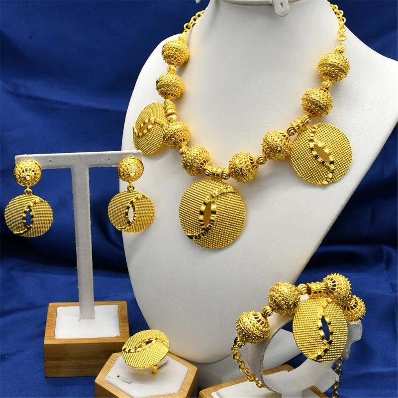 Gold Color Necklace Earring Wrist Chain and Rings Set For Bridal And Party Nigerian Weddings and Engagement Parties