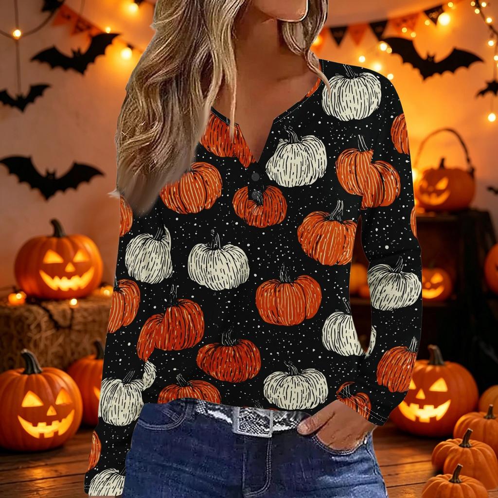 Women V Neck Button Long Sleeve Top with Halloween and Letter Print Casual Loose Fit Shirt for Autumn