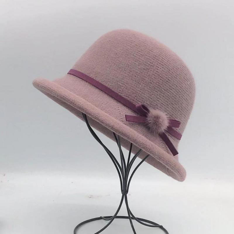 Woolen Bucket Hat Women's Autumn and Winter Bow Korean Version Versatile Japanese Dome Basin Hat British Retro Top Hat Tide