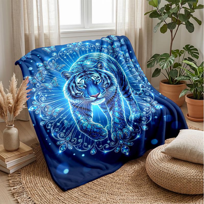 Blue Tiger Fantasy Blanket Personalized Name Flannel Blanket Soft Cozy Plush Throw for Sofa Bed Lightweight Home Decor