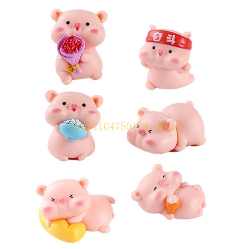 Pack of 6 Cartoon Pink Pig Statues Miniatures for Car Dashboard and Home Decors top sale