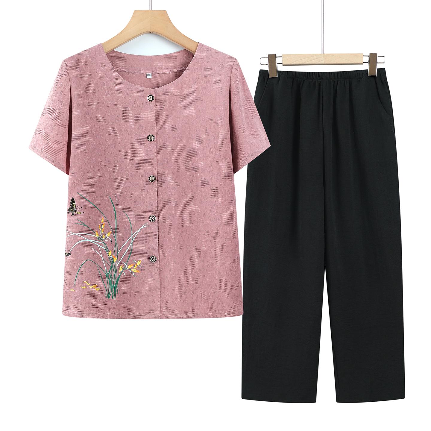

Summer Short-Sleeve Set: Grandma Style Cardigan & Top for Middle-Aged and Elderly Women 3XL (Recommended 120-135 jin)