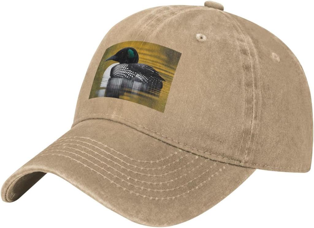 Loon Bird Print Washed Denim Baseball Cap Adjustable Cotton Sun Protection Casual Hat for Men Women