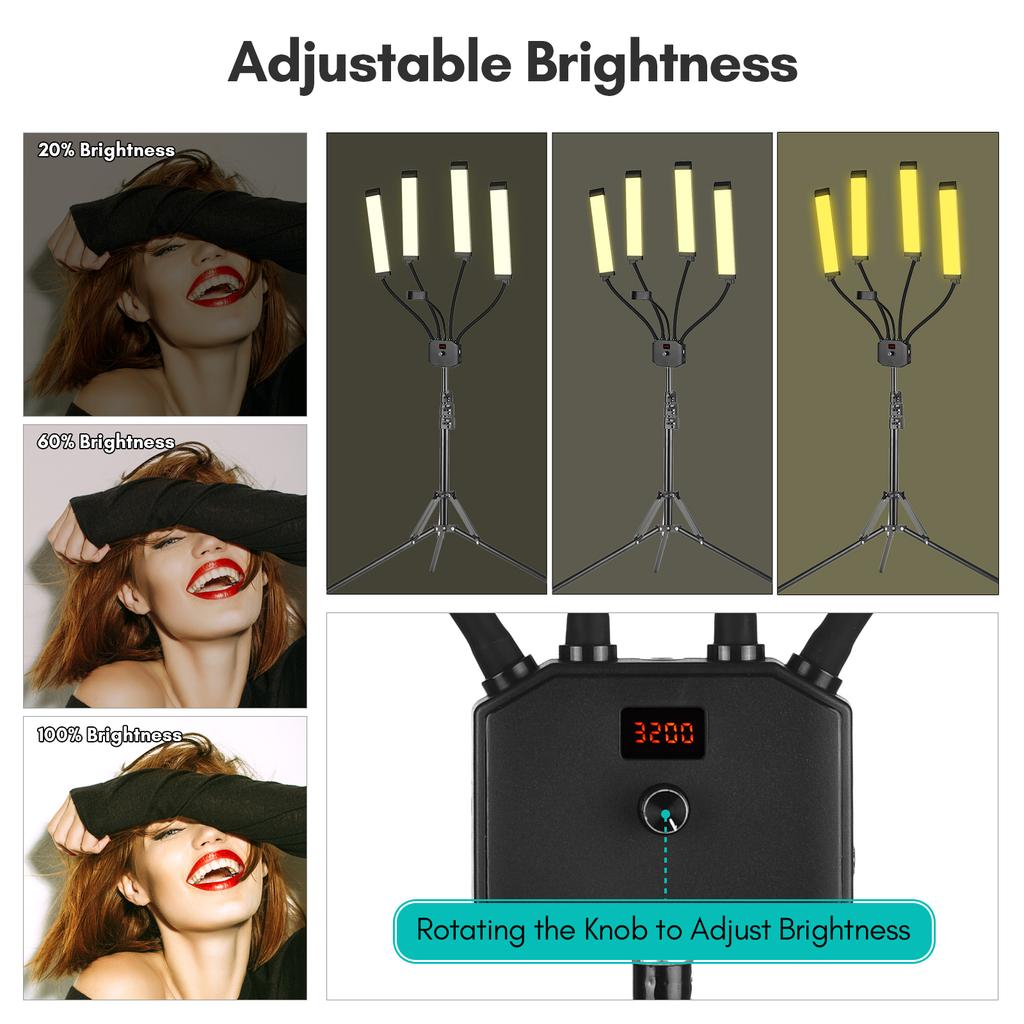 Flexible 4-Arms LED Video Light Photography Fill Light 3200K-5600K Dimmable with Phone Holder +