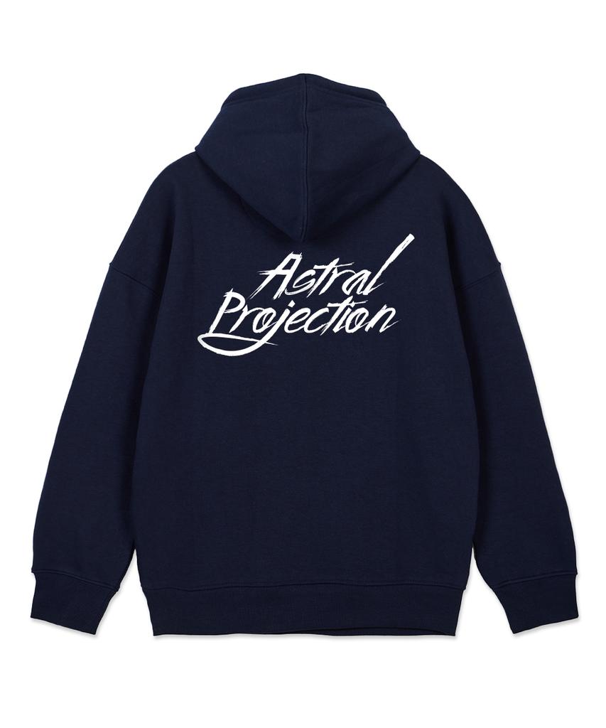 Hand Lettering Oversized Wide Shoulder Hoodie_Navy