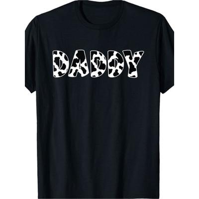 Europäische Größen Herren Schwarz Lässiges Oversize T-Shirt | Kuhmuster DADDY Grafik mit Weißer Schrift, Normale Passform, Rundhalsausschnitt