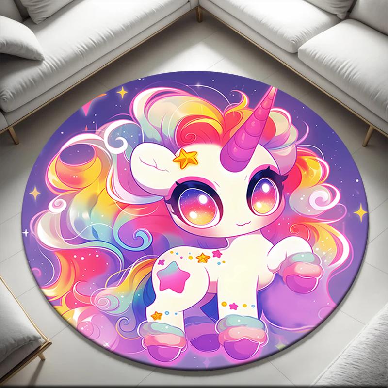 1pc Cartoon Cute Fantasy Unicorn Round Carpet Painted Printed Circular Carpet, Home Door Mat, Outdoor Travel Protection Carpet