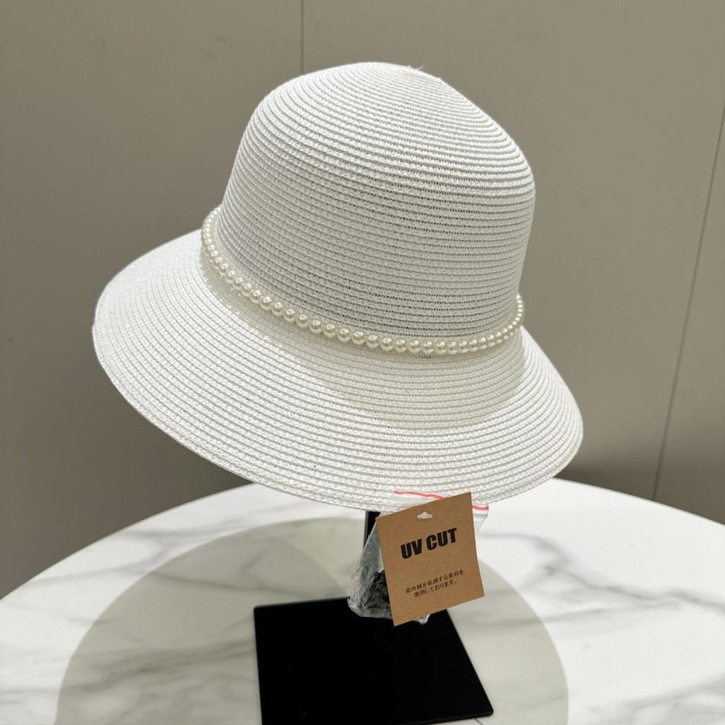 French Style Retro Pearl Chain Flat Top Elegant Straw Hat Sunshade Spring And Summer Big Eaves Hat Top Hat Women'S Beach Hat