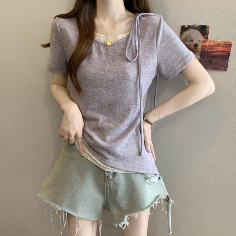 

2026 Plus Size Korean Style Short Sleeve Patchwork Lace Cropped Top for Women 3XL Plus фіолетовий